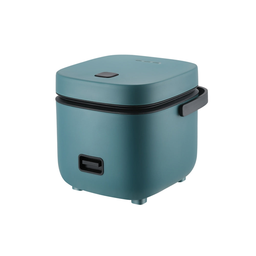Compact blue rice cooker with sleek design and front handle.