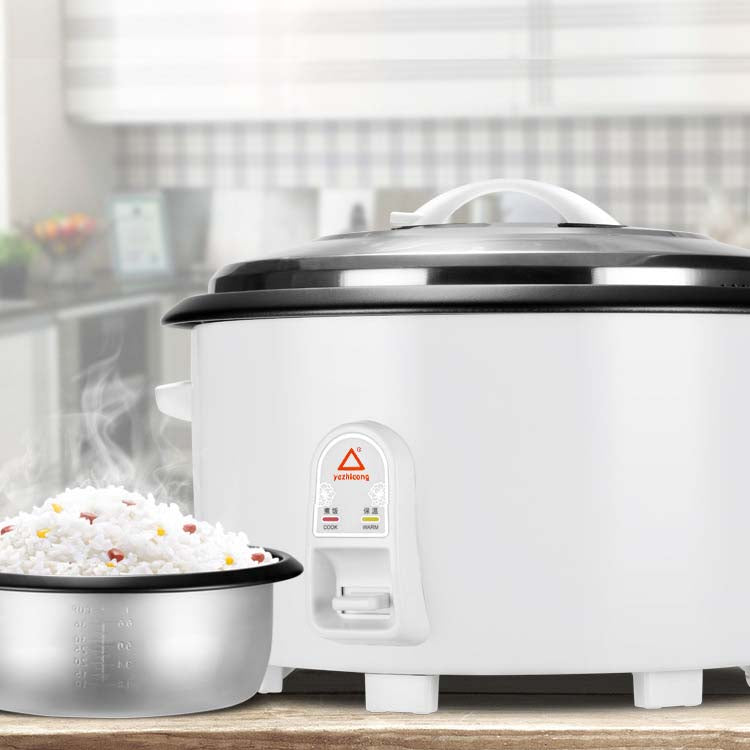 Large-capacity rice cooker preparing rice for a group