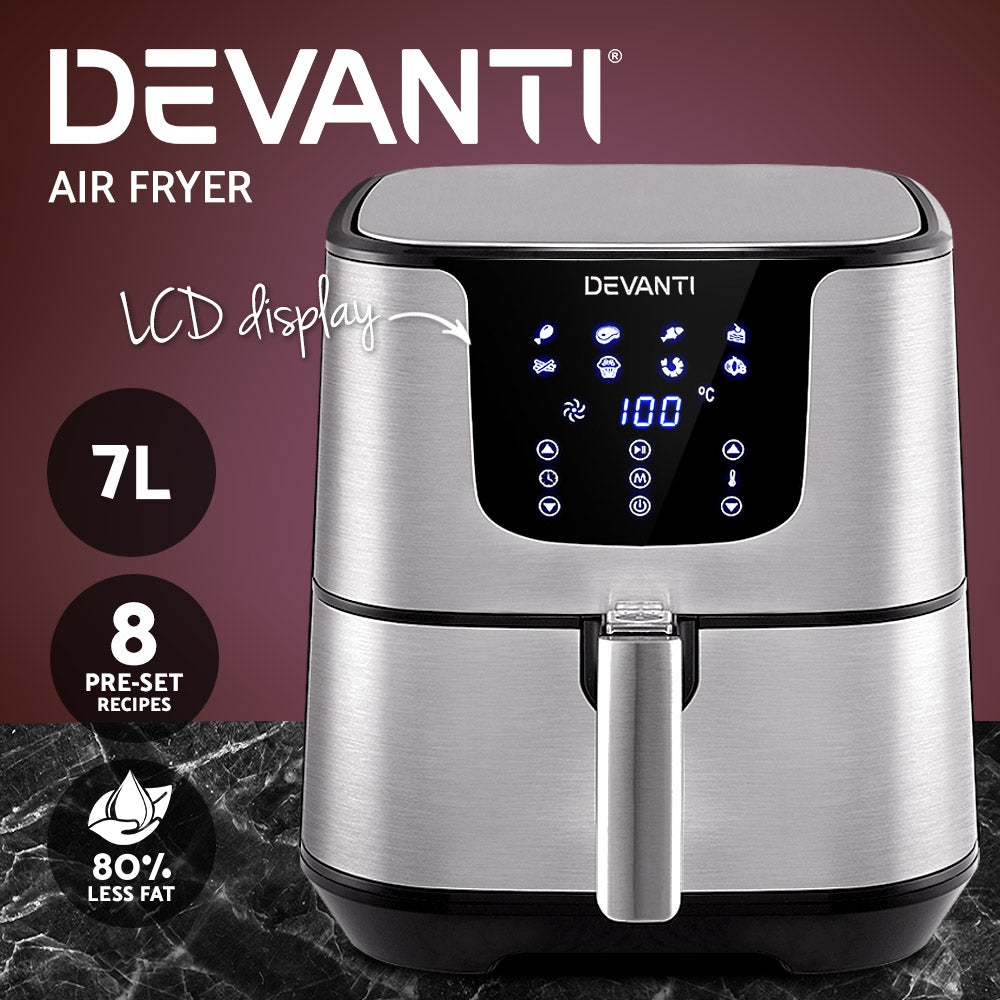 Close-up of Devanti 7L Air Fryer LCD touch control panel with 8 presets