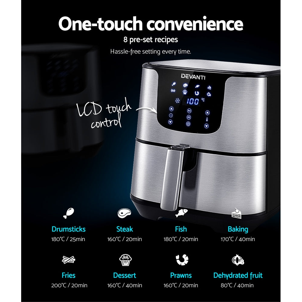 Visual icons showing 8 cooking modes of Devanti 7L Air Fryer DAF-7LCD