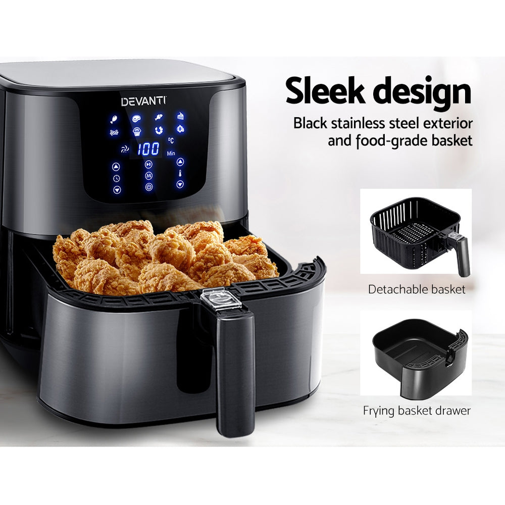 Devanti air fryer with grilled chicken, fries, and roasted veggies