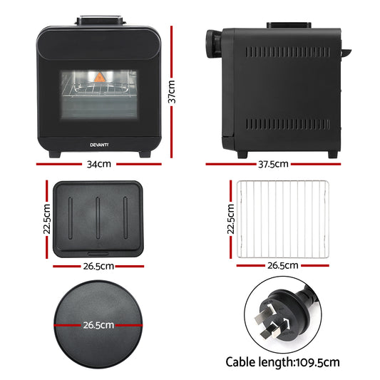 Black appliance with dimensions labeled on a white background