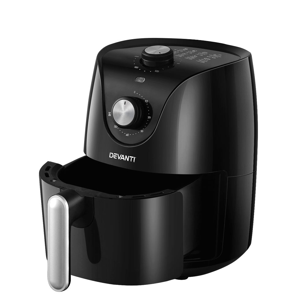 Black air fryer with 'Devanti' branding on a white background