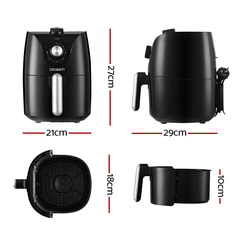 Black Devanti air fryer with dimensions labeled on a white background