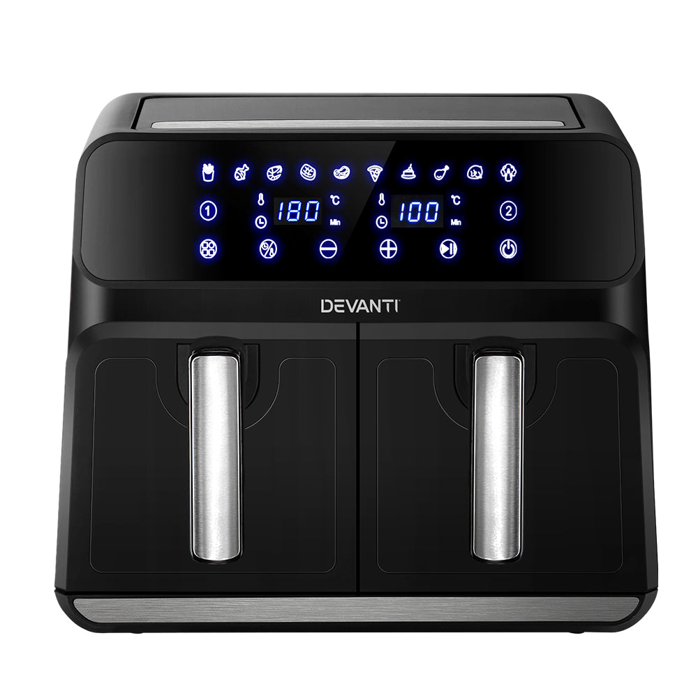 The dual basket air fryer, showcasing the modern LCD display in a home kitchen setting.