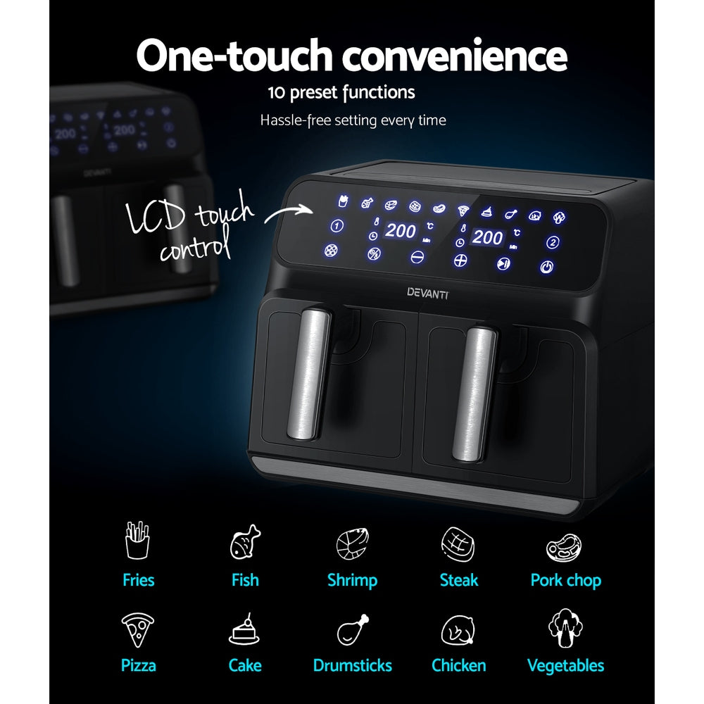 Close-up of the air fryer LCD touch screen panel, as the model selects a cooking preset with ease.