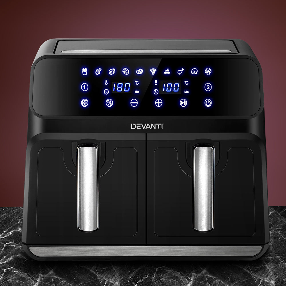 tylish model standing beside the air fryer on a bench-top, showcasing how it fits beautifully into a modern kitchen aesthetic.