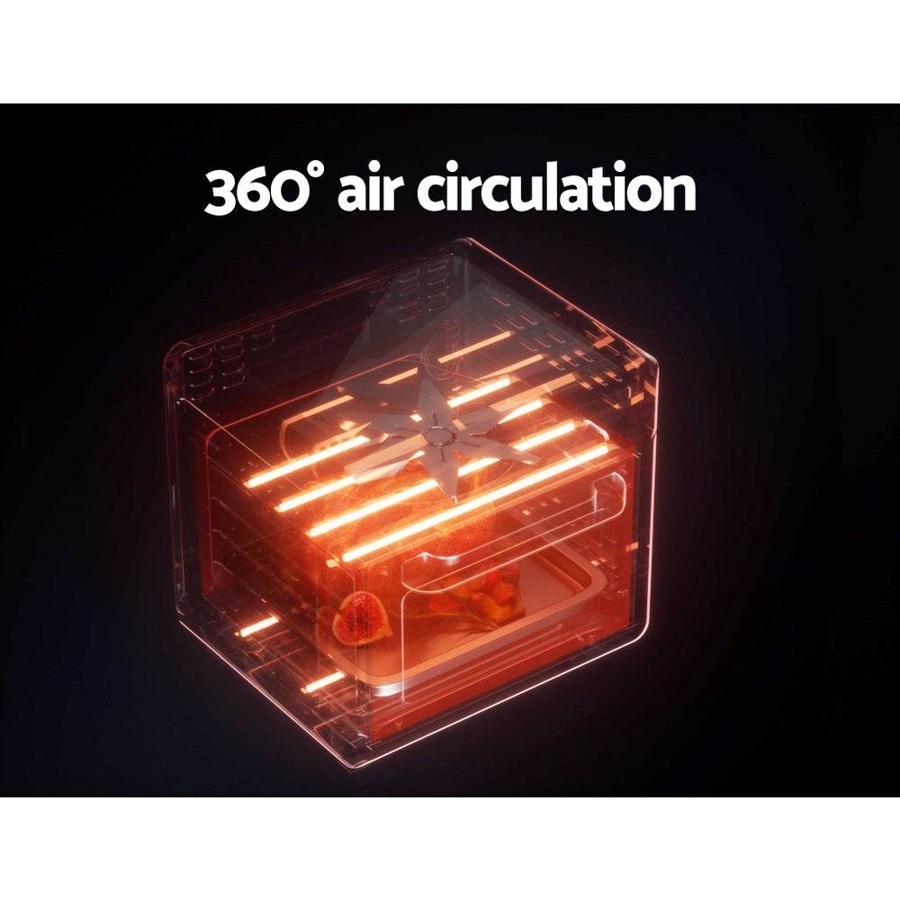 Transparent box with glowing internal components on a black background, labeled '360° air circulation'.