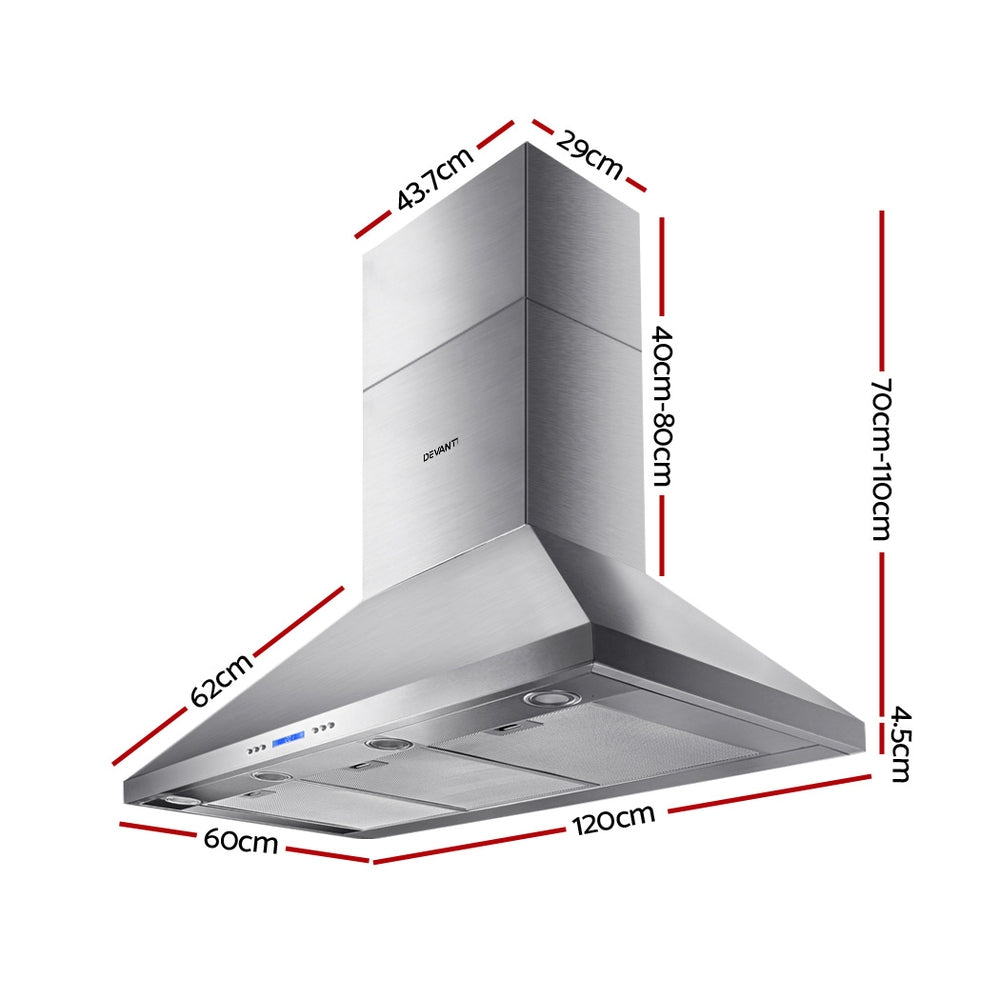 Adjustable stainless steel chimney ducts extend up to 1100mm for versatile kitchen installation.