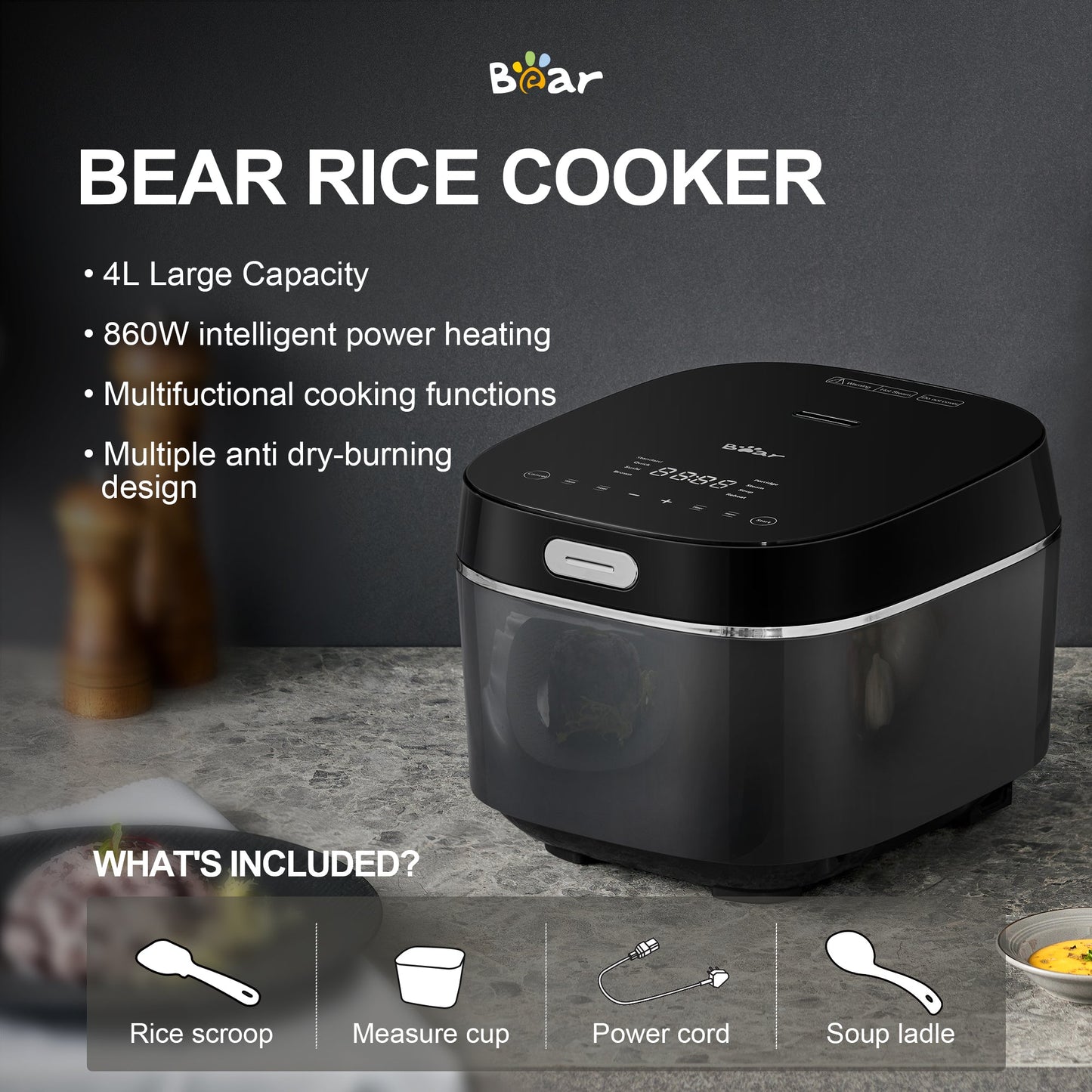 Automatic keep-warm feature activated on LED screen after cooking.