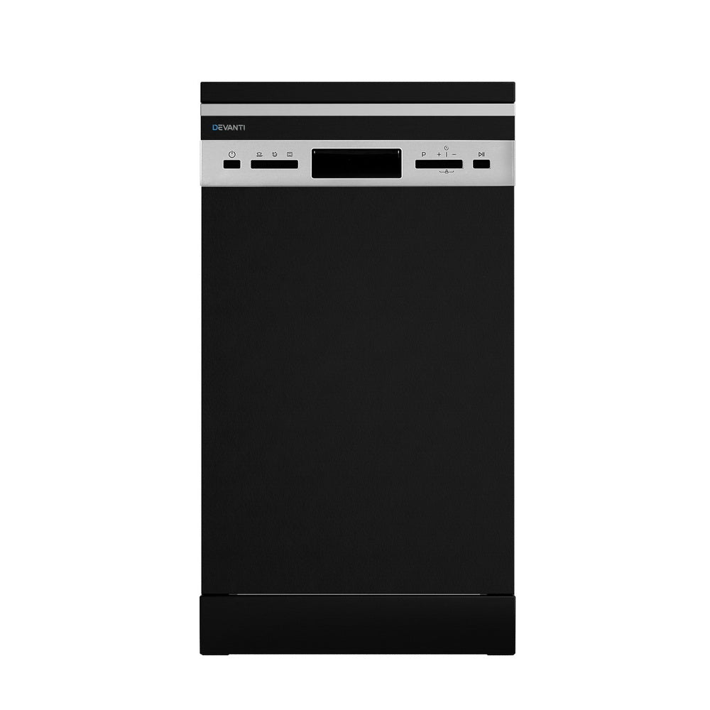 Black dishwasher with silver handle on a white background