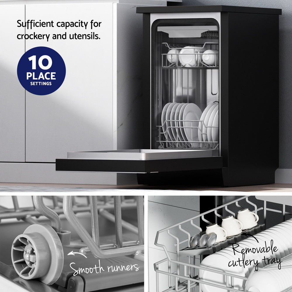 Small black dishwasher with a removable cutlery tray and text highlighting capacity and features.