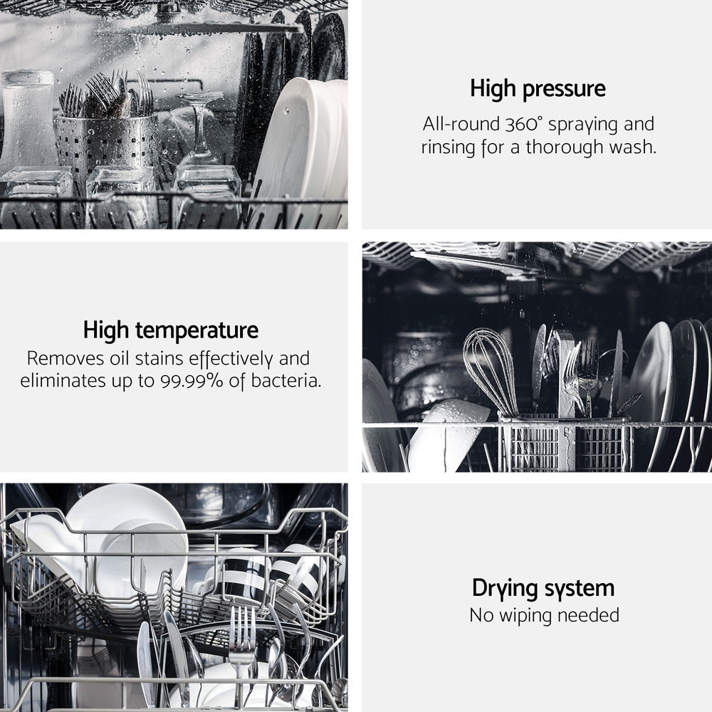 Dishwasher with text highlighting high pressure, high temperature, and drying system features.