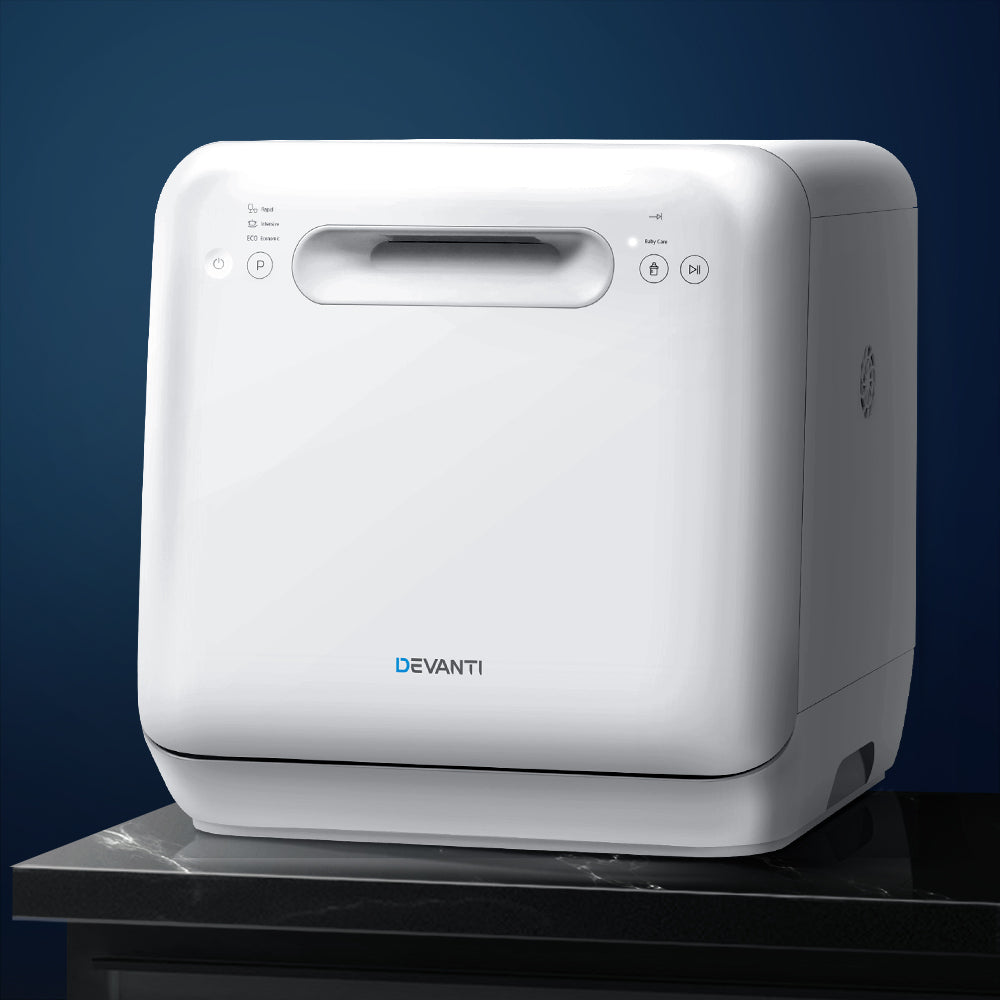 White Devanti air purifier on a dark surface with a blue gradient background