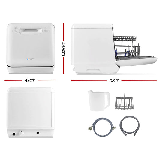 Measurement chart of a kitchen appliance with dimensions and accessories displayed.