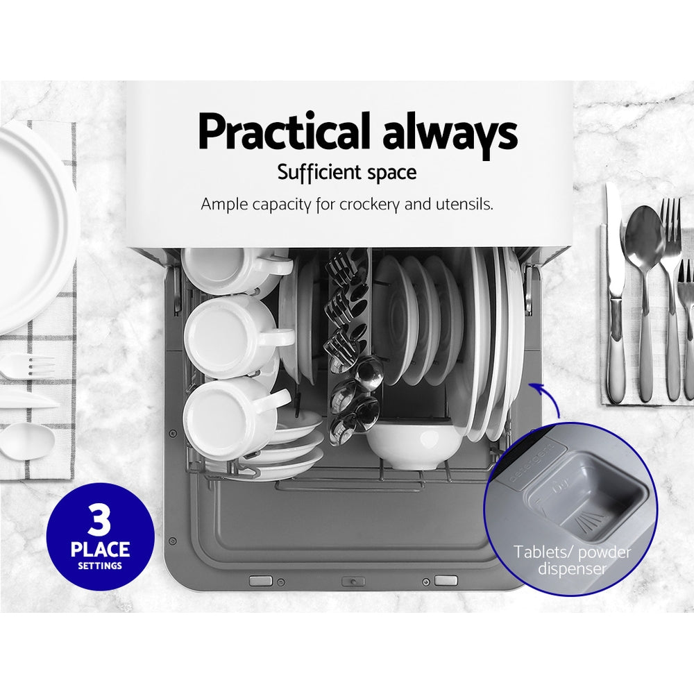 Dishwasher with crockery and utensils, highlighting ample space and tablet/powder dispenser.