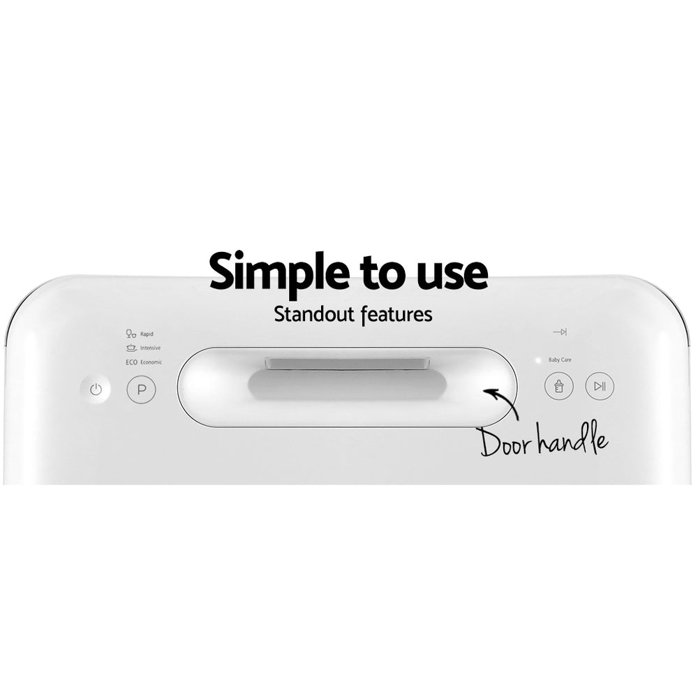 White appliance with text highlighting 'Simple to use' and 'Standout features', pointing to a door handle.