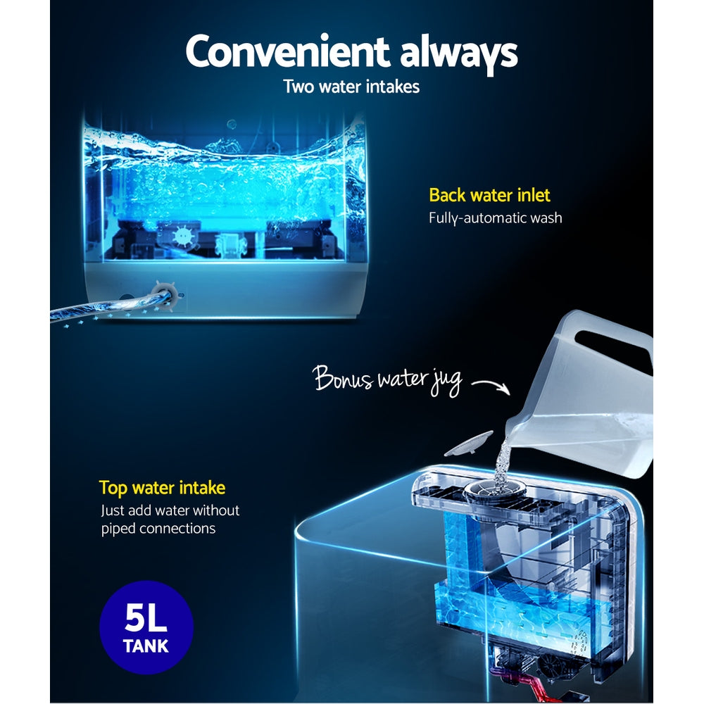 Aquarium with water intake system and text highlighting features on a dark background