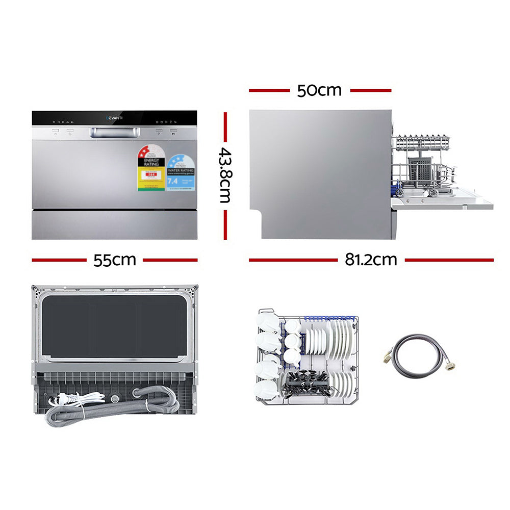 Dishwasher with dimensions and parts displayed on a white background