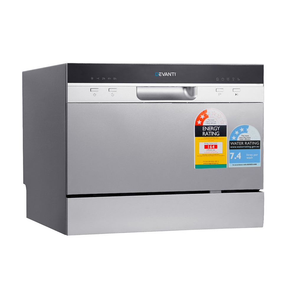 Stainless steel Evanti dishwasher with energy and water rating labels on a white background