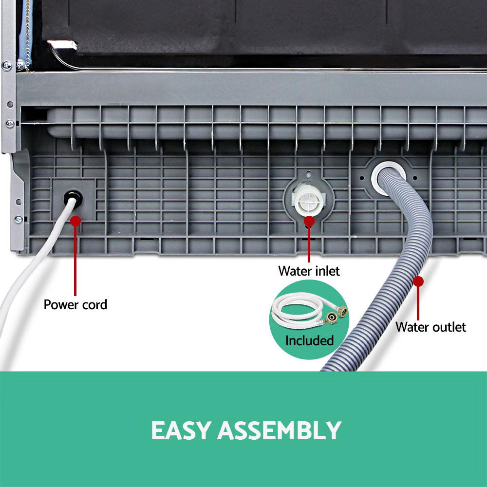 Diagram of a washing machine with labeled power cord, water inlet, and water outlet on a white background.