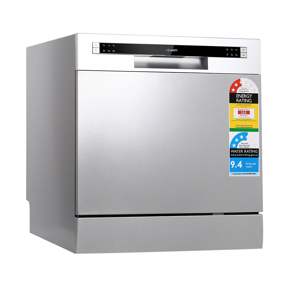 Stainless steel dishwasher with energy rating label on a white background