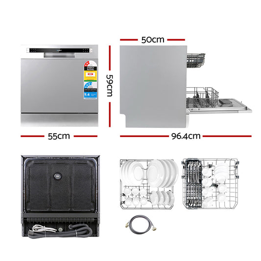 Dishwasher with dimensions and features displayed on a white background