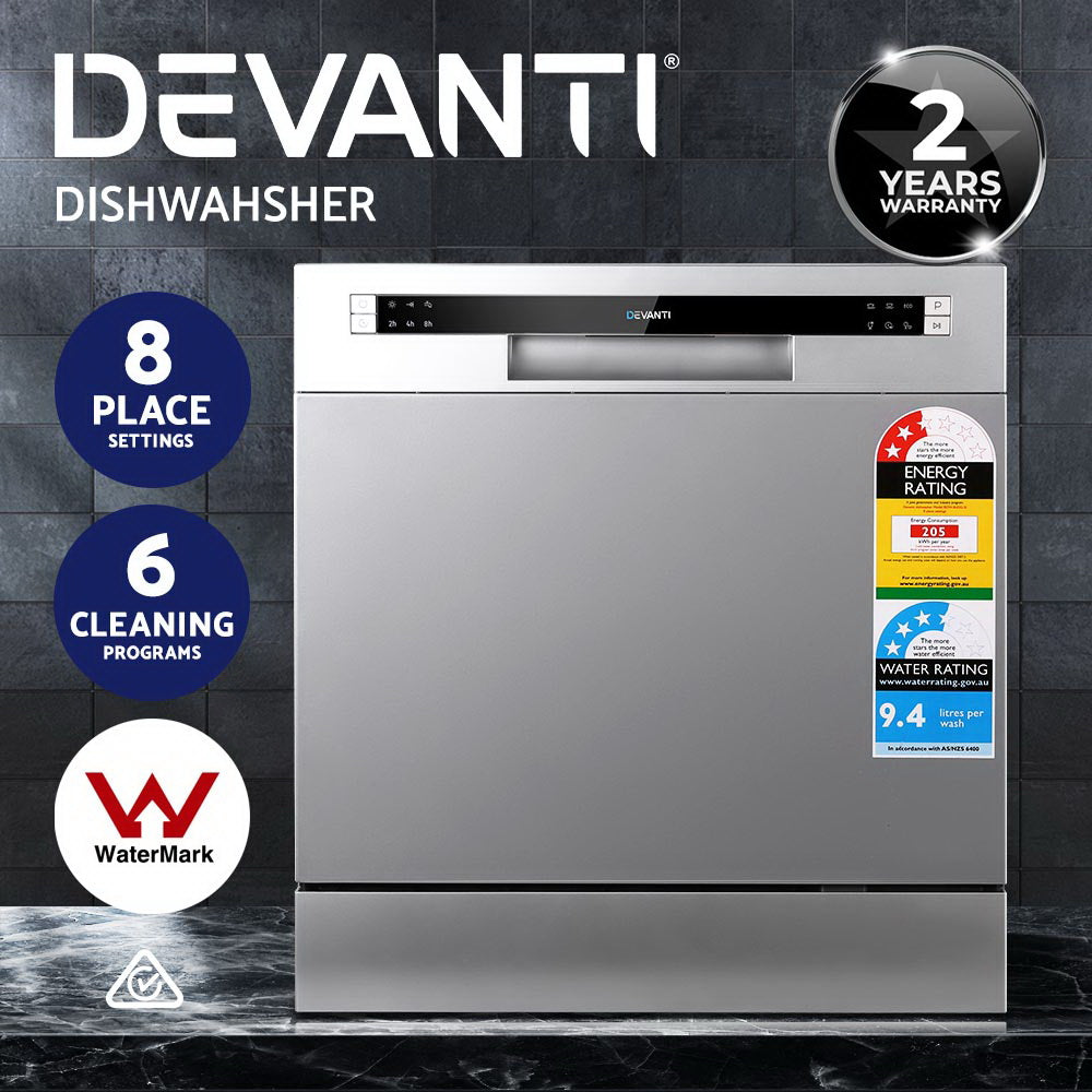 Devanti dishwasher with features and certifications on a dark background