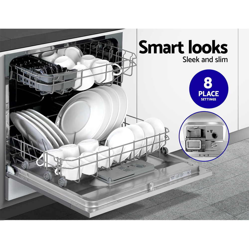Dishwasher with open door showing dish racks and plates, labeled 'Smart looks' and 'Sleek and slim'.