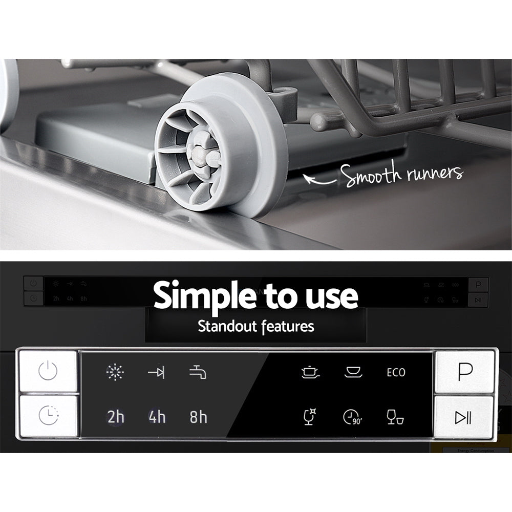 Dishwasher interior with smooth runners and control panel with features labeled