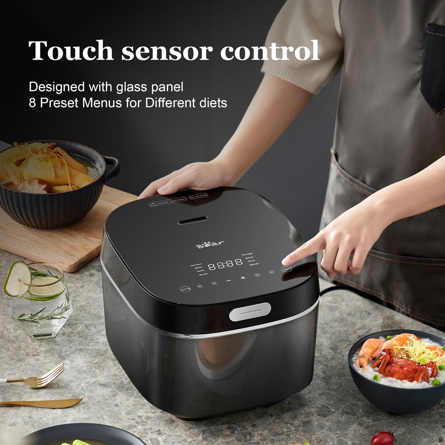 Close-up of LED control panel showing smart cooking settings.