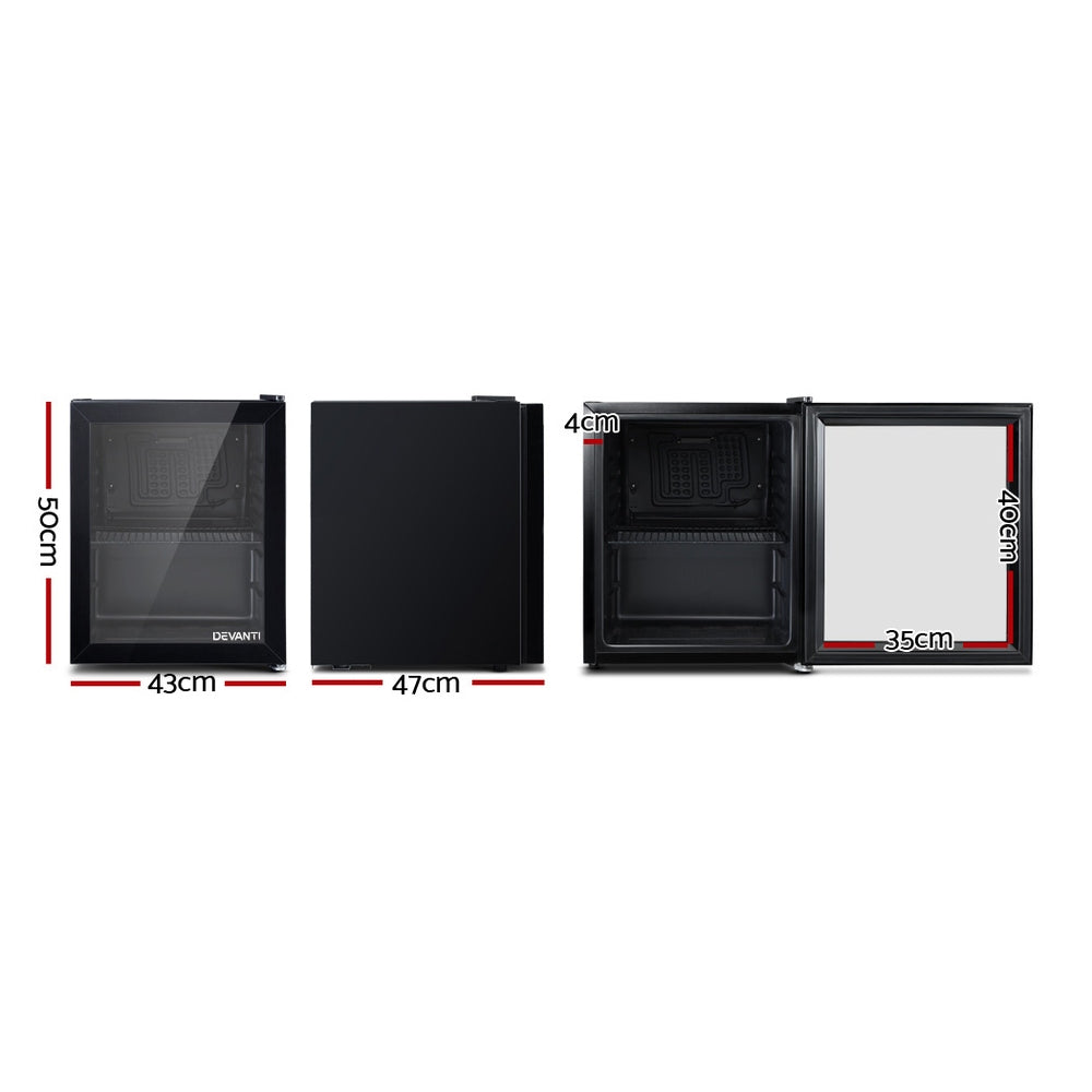 Three small refrigerators with dimensions labeled on a white background