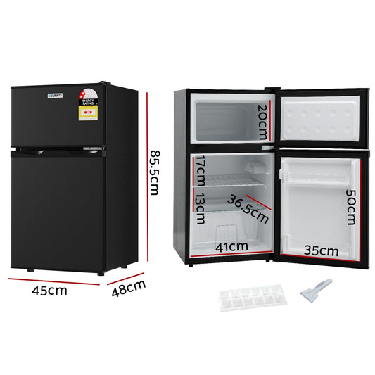 Black refrigerator with open door showing dimensions on a white background