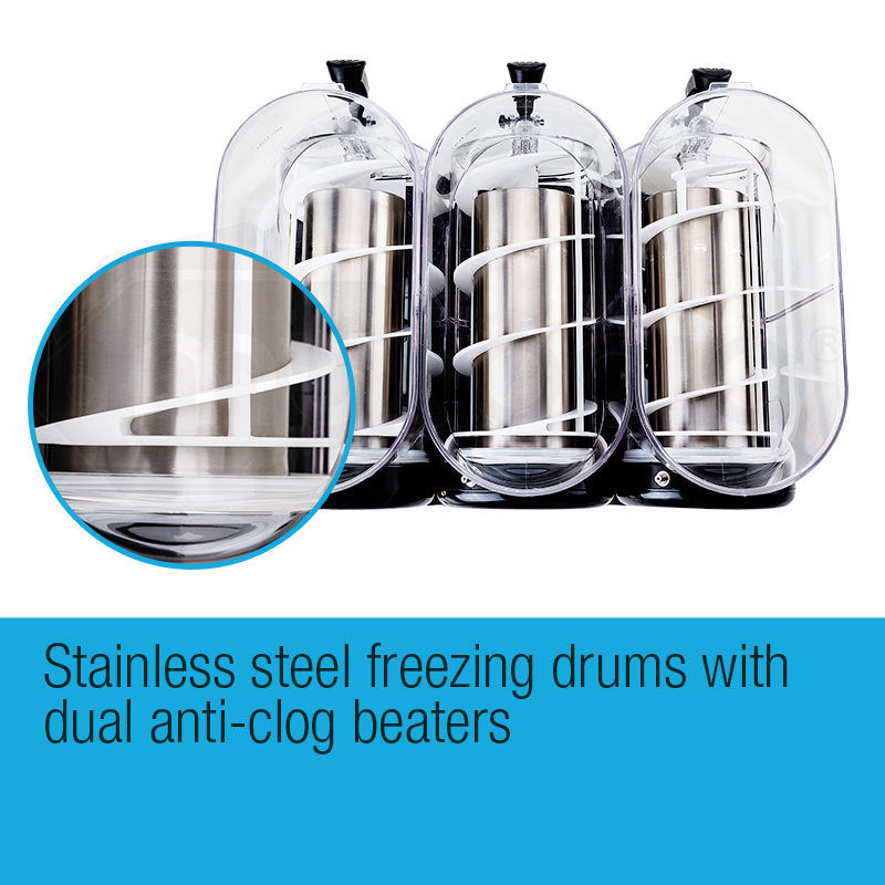 Bright back-lit tanks showing frozen slush mix in Polycool machine