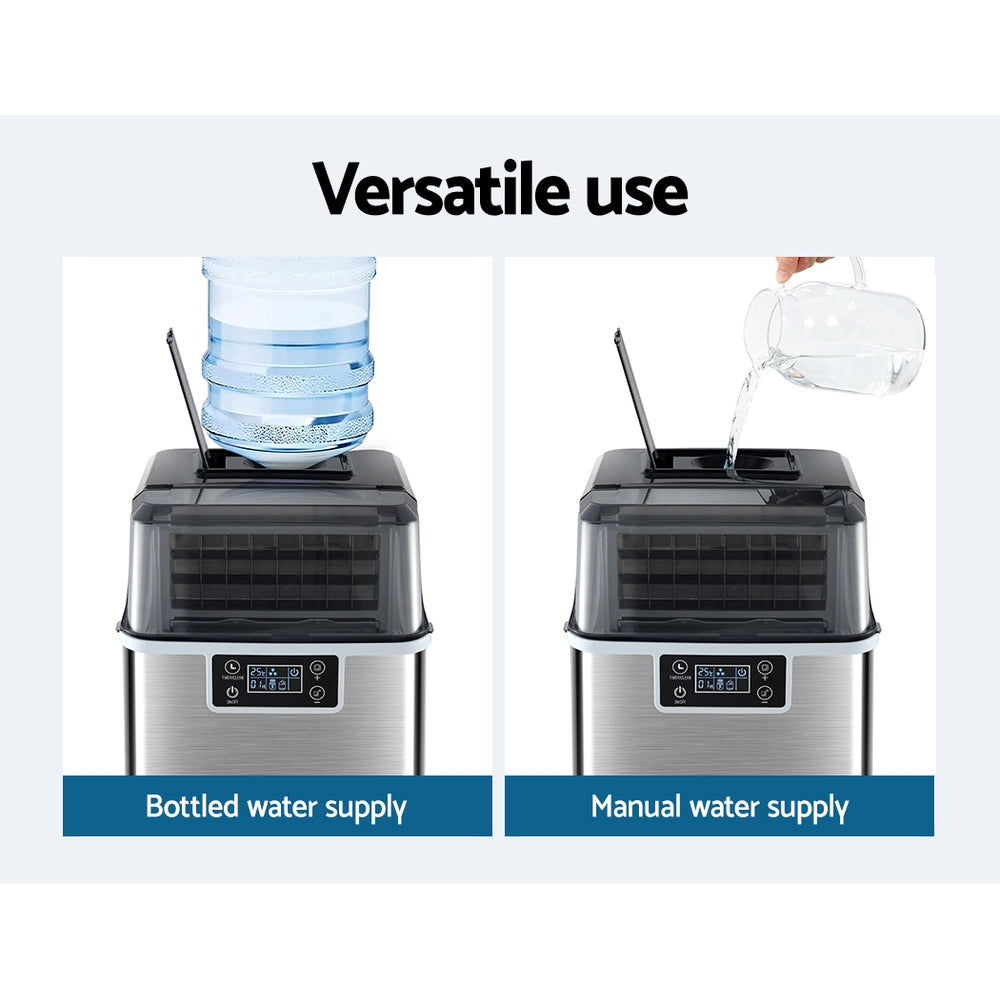 Devanti Ice Maker with bottled water connection option for continuous water feed (adapter not included).