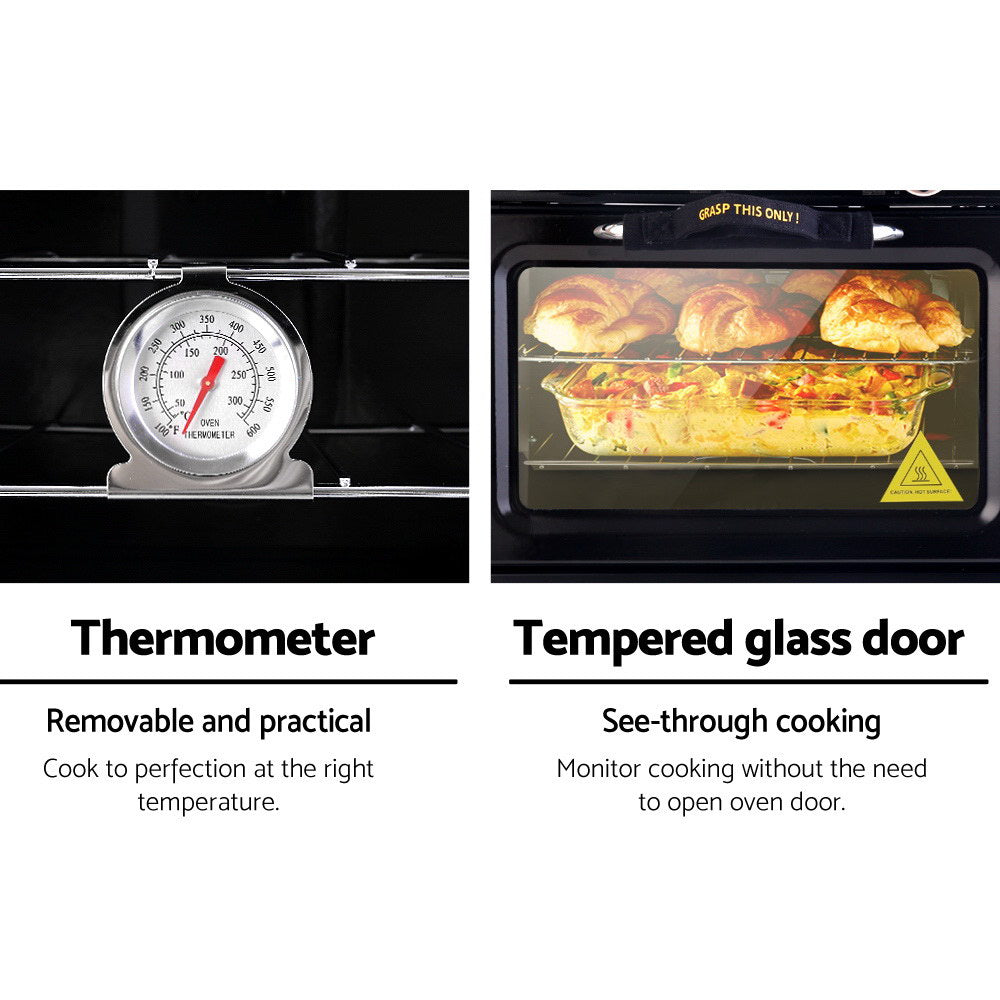 Close-up of the built-in heat gauge showing the temperature inside the Devanti portable oven.