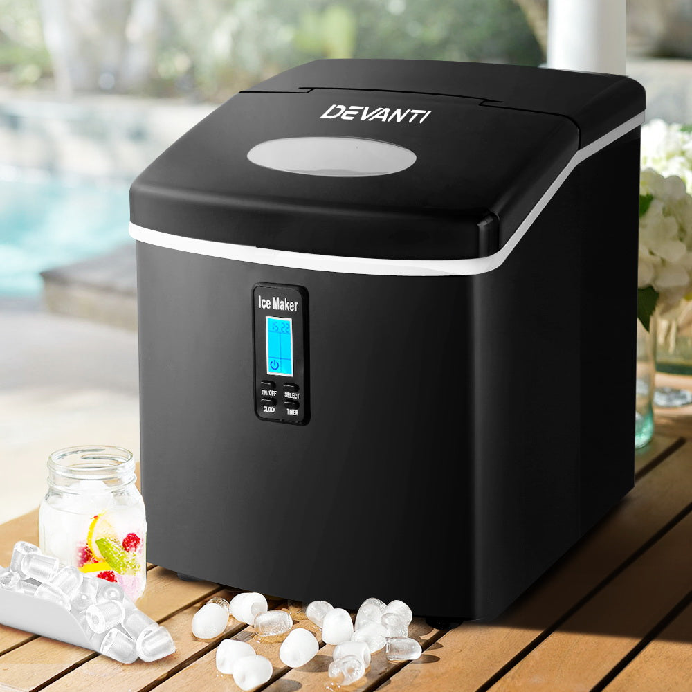 Three sizes of clear bullet-shaped ice cubes made by the DEVANTI ice maker.