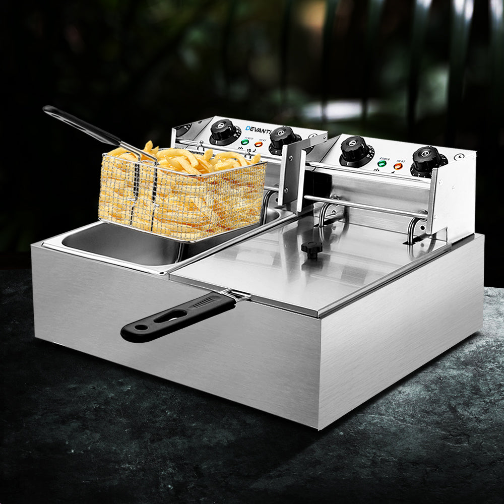 Sleek side profile of the Devanti 20L electric deep fryer in stainless steel
