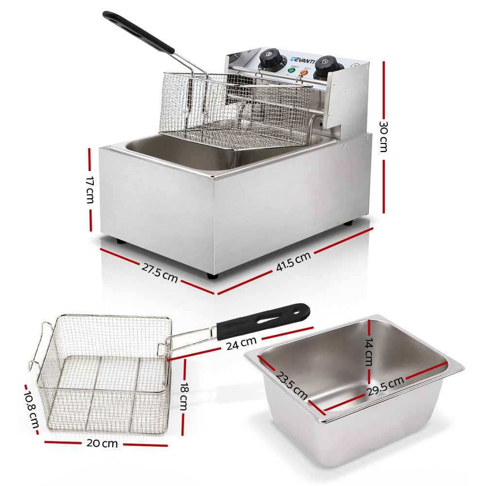 Front view of Devanti 10L deep fryer with stainless steel body
