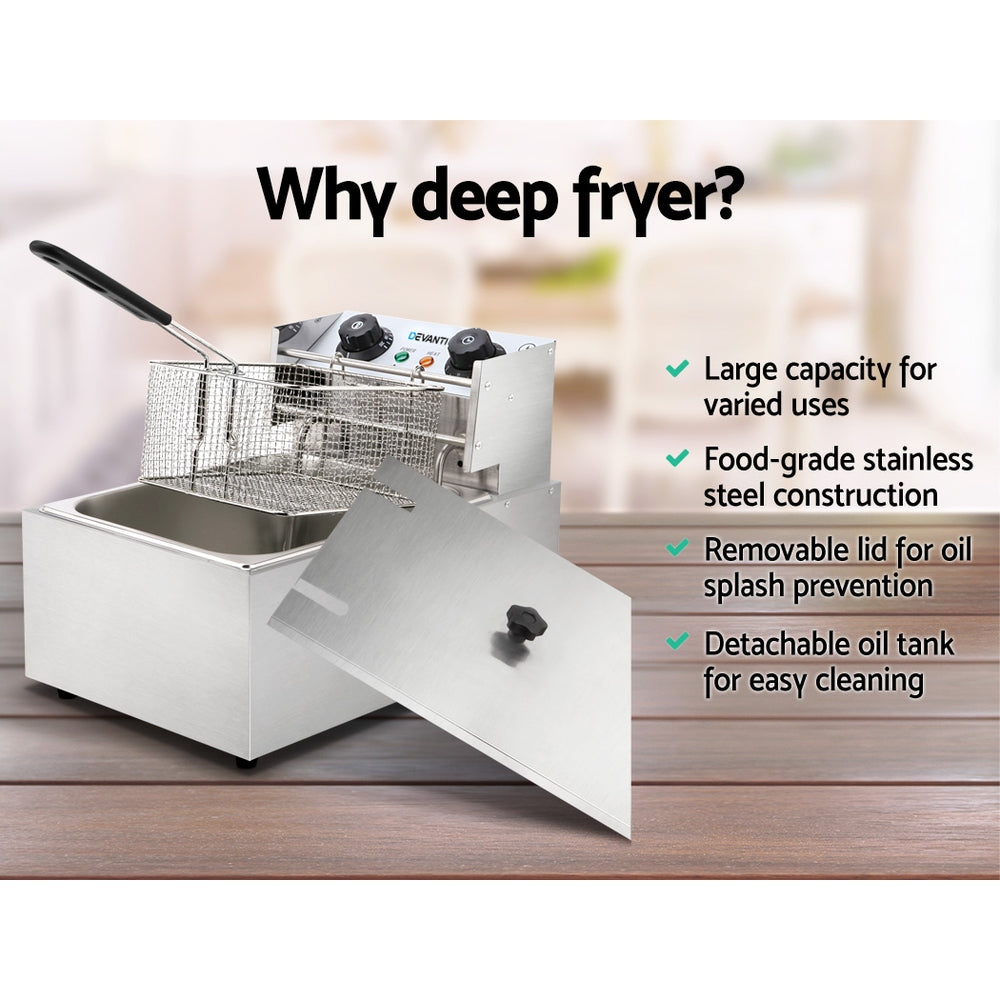 Open lid view of Devanti deep fryer showing basket and tank