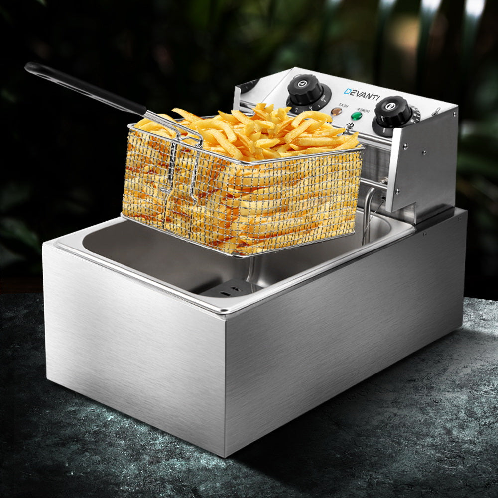French fries cooking inside Devanti fryer basket