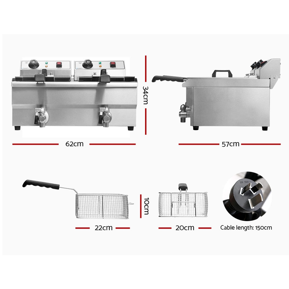 Two 10L stainless steel baskets with heat-resistant handles displayed in the Devanti 20L commercial deep fryer.
