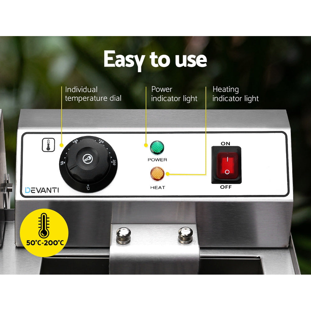 Independent control dials for each fryer with clear temperature and time settings.