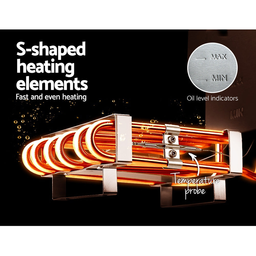 Fast-heating S-shaped stainless elements for even heat distribution in the Devanti deep fryer.