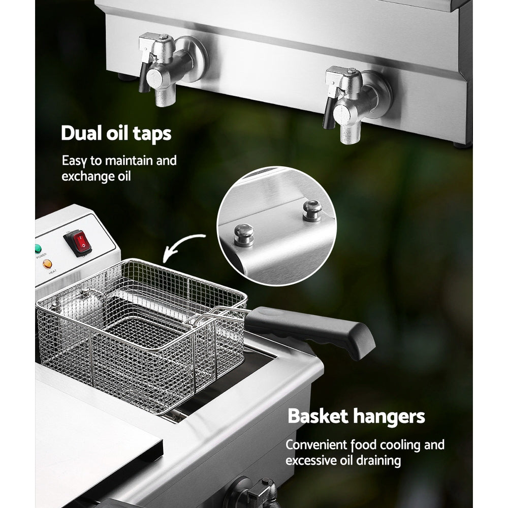 Side-mounted oil drainage tap for hassle-free oil removal in the Devanti 6000W deep fryer.