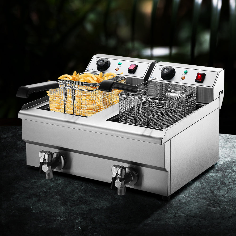 Safe frying with heat-proof handles and basket hangers to drain oil over the tank.