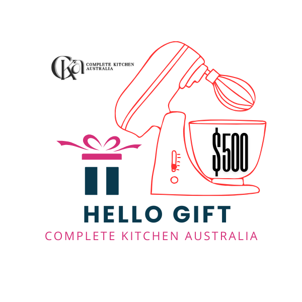 Promotional graphic for Complete Kitchen Australia's 'Hello Gift' with a mixer and gift box illustration.
