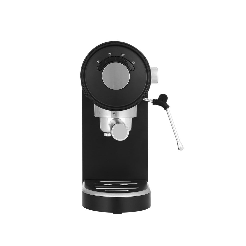 Black espresso machine with silver accents on a white background
