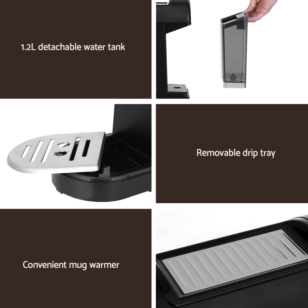 Collage of features including a detachable water tank, removable drip tray, and convenient mug warmer on a dark background.
