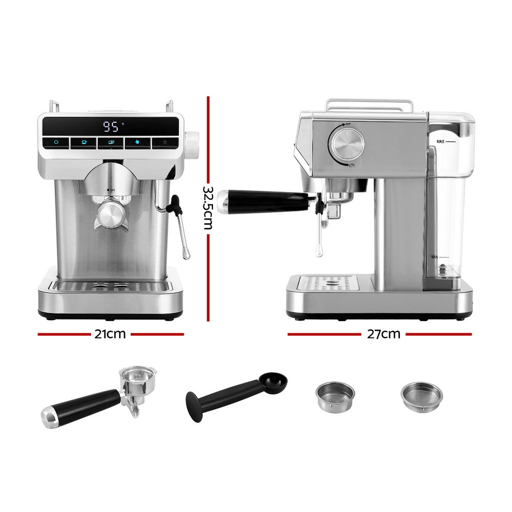 Two espresso machines with dimensions and accessories displayed on a white background